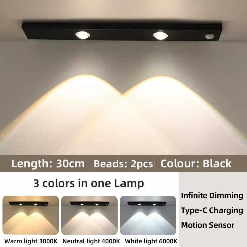 Lumière LED Blanche/Noire pour Armoire Rechargeable par USB Capteur de Mouvement pour Cuisine Garde-Robe Éclairage d'Armoire 20cm/30cm/40cm/50cm